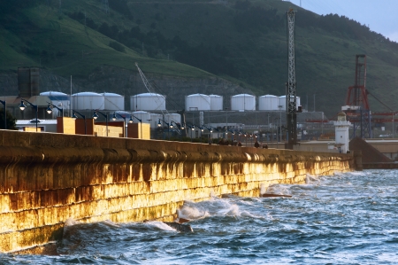 Pier of Getxo with sunset light reflecting on itの写真素材