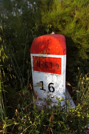 stone milestone on road surrounded by plants and bushes with 16 kilometer markの写真素材