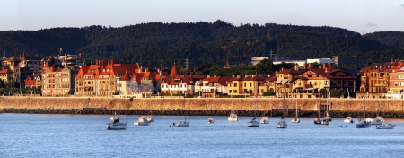 panoramic of getxo promenade with some yachtの写真素材