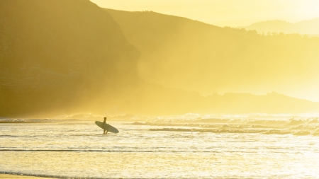 surfer entering water at sunset with sea mistの写真素材