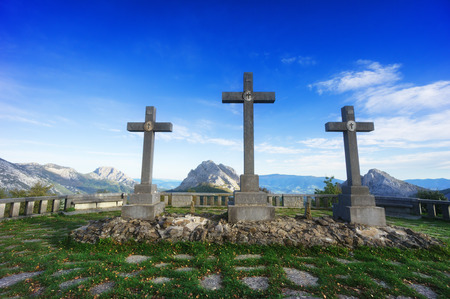 Crosses in Urkiola balcony surrounding by mountains. Basque Countryの写真素材
