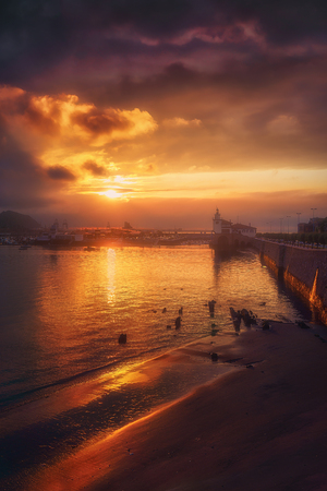 La bola beach in Getxo at the sunsetの写真素材