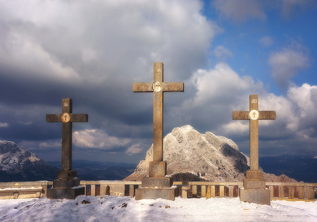 Via Crucis in Urkiola mountains at the winter with stone crossesの写真素材