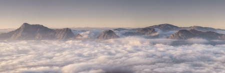 Panorama of Urkiola and Gorbea mountains at foggy morning