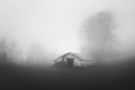 rural shed with fog in black and whiteの写真素材