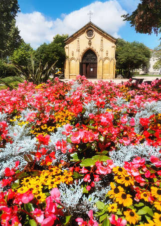 Santa Ana church in Getxo with colorful flowersの写真素材