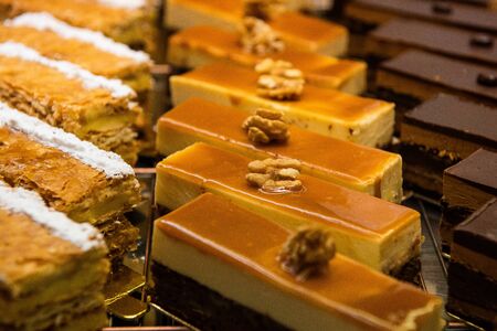 Close up photograph delicious french pastry rows