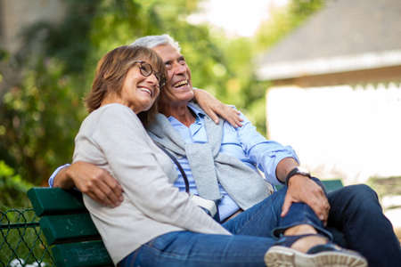 Close up portrait smiling older couple togetherの写真素材