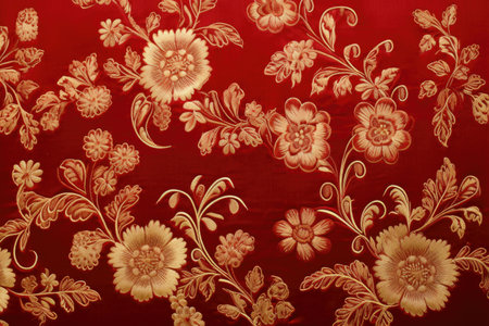 Vintage red Asian textile with intricate embroideryの素材
