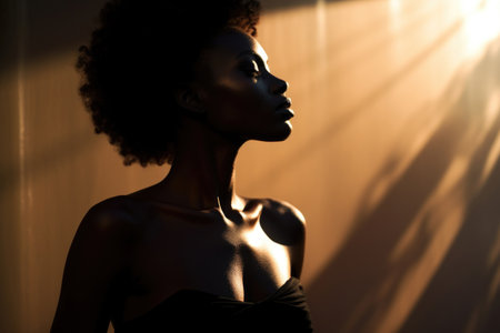 A black African beauty model with makeup, bathed in back light outdoors, strikes a high-contrast fashion pose that accentuates her shoulders, radiating elegance.の素材