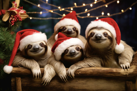 adorable sloths are taking their time celebrating for a Christmas Cardの素材