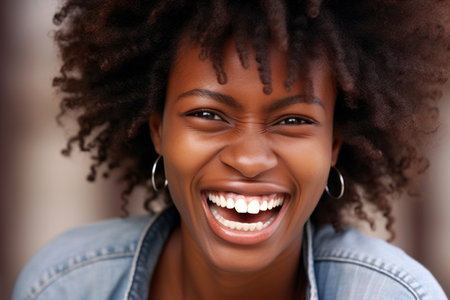 portrait of a happy African-American woman, laughing with joy in the light of the outdoorsの素材