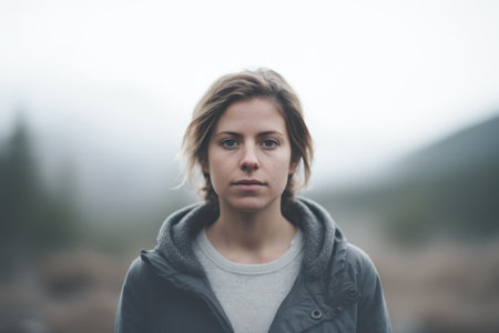 outdoor portrait of a young woman in misty nature with muted colors background for copy spaceの素材