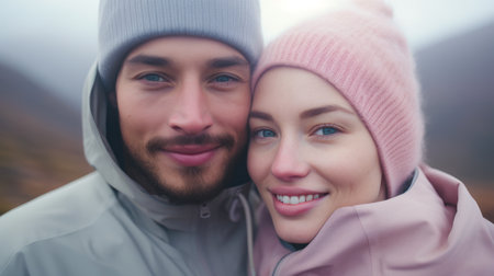 romantic couple posing for a selfie on the mountain tops on a outdoor hike in natureの素材