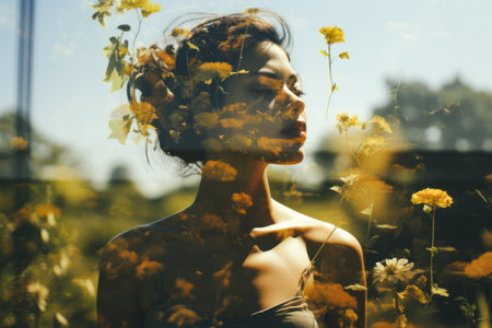 double exposure portrait Tranquil Reflections: A Woman's Connection to Natureの素材