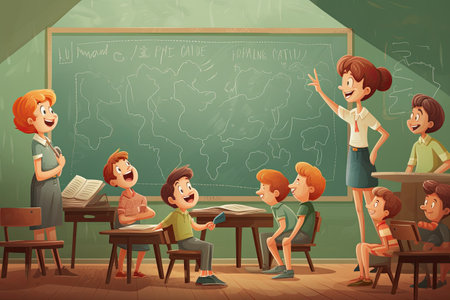 illustration of teacher explaining to young students in front of classの素材