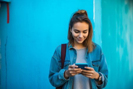young student woman walking looking at phone and smiling on blue backgroundの素材