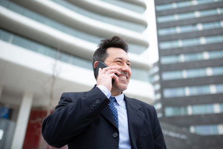 Close-up portrait of happy mature businessman standing against a building making a phone callの写真素材