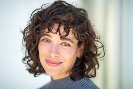 Close-up portrait of young woman with short hair looking at cameraの写真素材