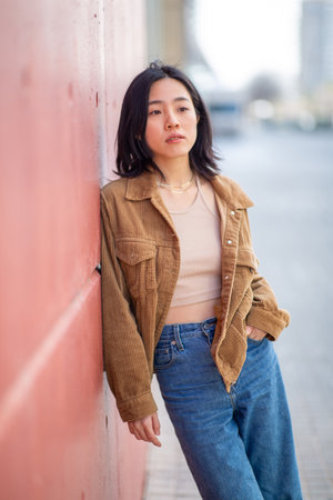 Portrait fashion woman posing by wallの写真素材