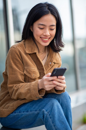 Portrait smiling young woman sitting with cellphone in cityの写真素材