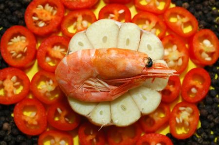 Red and black pepper and shrimpの写真素材