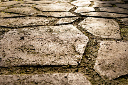 Cobblestones covered with moss in need of renovation.