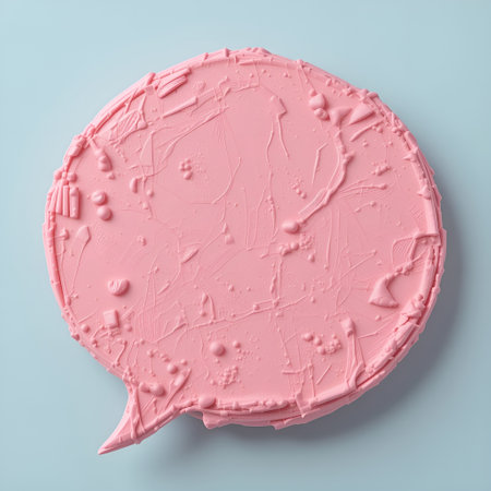 close up of a bubble speech made of pink sponge cake on blue backgroundの素材