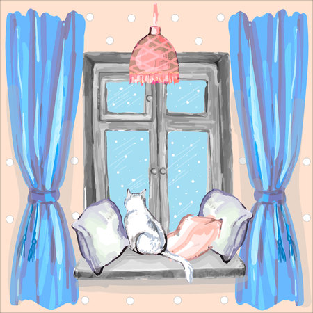 White cat is sitting on the window and looks outdoors in vectorのイラスト素材