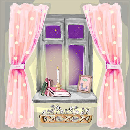 Flat interior with the window, books, pink curtains and candle in vectorのイラスト素材