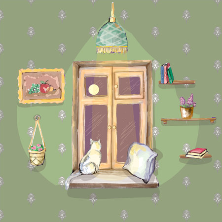 White cat is sitting on the window and looks outdoors in vectorのイラスト素材