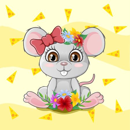 Vector illustration of Cute little mouse sitting with flowersのイラスト素材