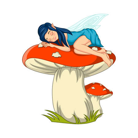 Cartoon little fairy sleeping on mushroomのイラスト素材