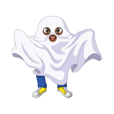 Cartoon kid wearing in a ghost costumeのイラスト素材