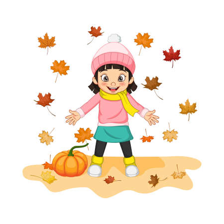 Cartoon Happy little girl with pumpkin and autumn leavesのイラスト素材