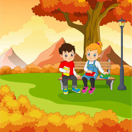 Cartoon kids sitting on bench with a books under a tree in autumn parkのイラスト素材