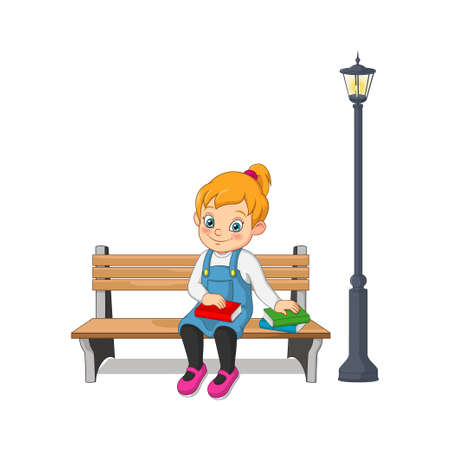 Cartoon happy girl sitting on bench with holding a booksのイラスト素材