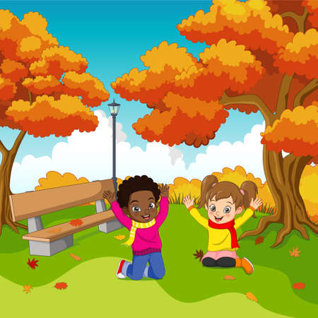 Cartoon Happy kids in autumn parkのイラスト素材