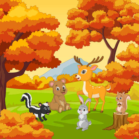 Cartoon happy animals with Autumn forest backgroundのイラスト素材