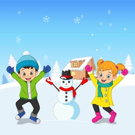 Happy children playing outdoors in winterのイラスト素材
