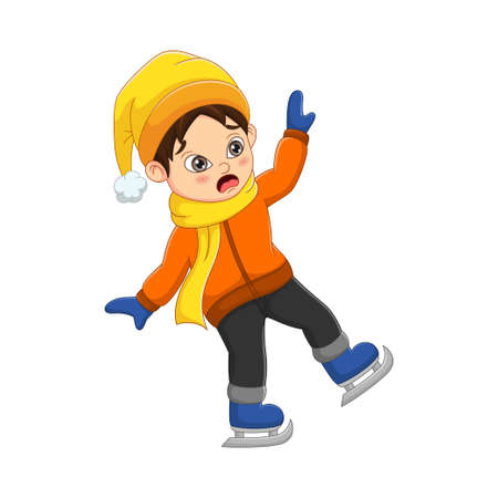 Cute little boy in winter clothes fell ice skatingのイラスト素材