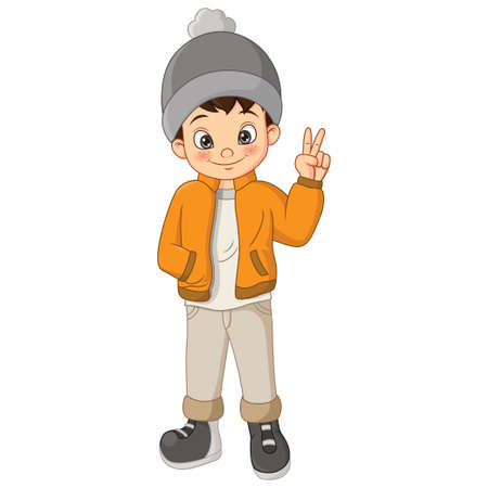Cute boy in winter clothes showing peaceful signのイラスト素材