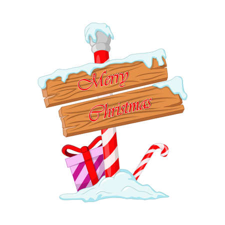 Wooden signboard with Christmas gift box and candy caneのイラスト素材