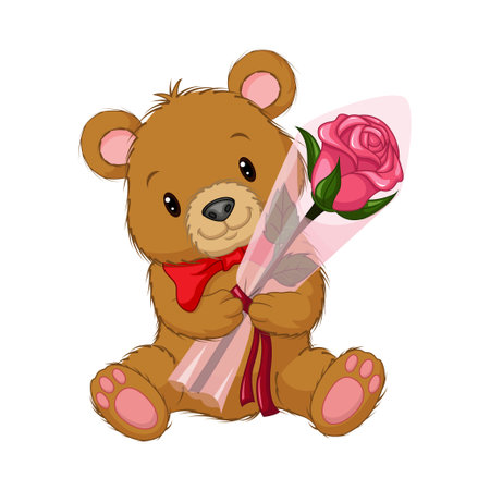Cartoon cute teddy bear holding a flowerのイラスト素材