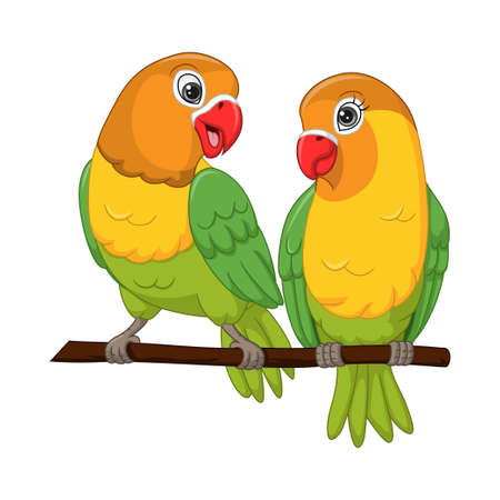 Cute lovebirds couple standing on a tree branchのイラスト素材
