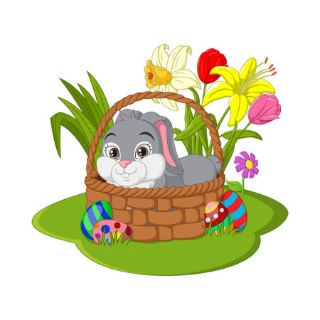 Happy Easter. Cute Easter bunny sitting in a basketのイラスト素材