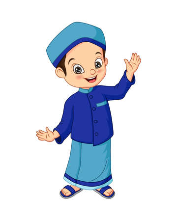 Happy Muslim boy cartoon on white backgroundのイラスト素材