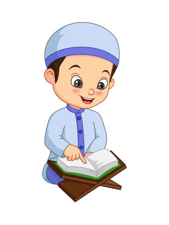 Cartoon Muslim boy reading Quranのイラスト素材