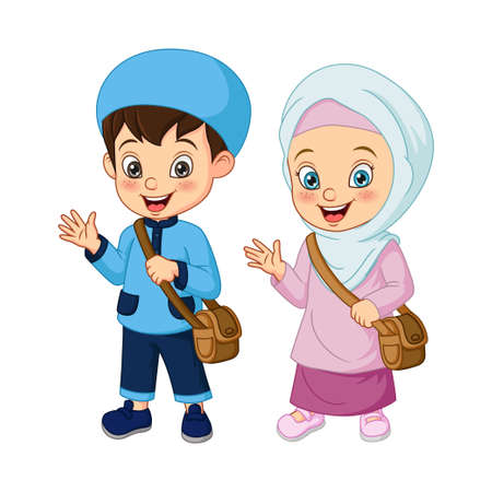 Cartoon Muslim kids going to schoolのイラスト素材