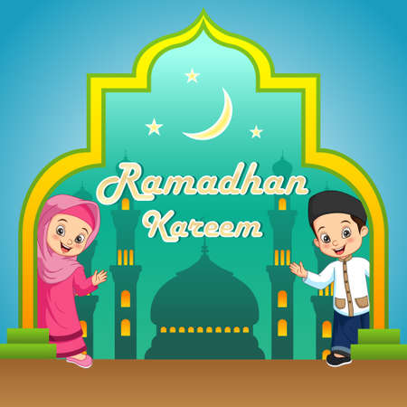 Ramadan Kareem greeting card with funny cartoon Muslim kidsのイラスト素材